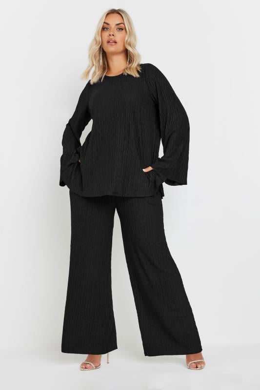 YOURS Curve Black Plisse Flute Sleeve Top