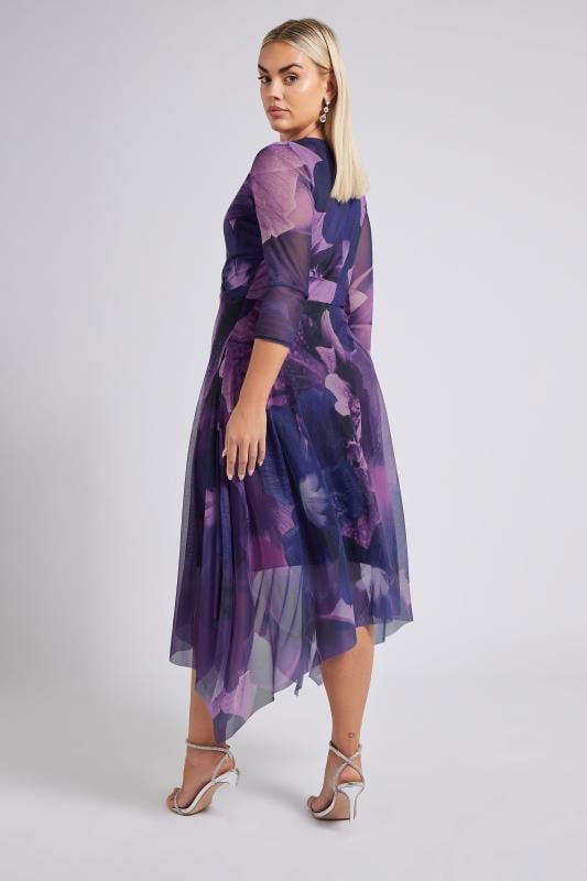 YOURS LONDON Curve Purple Abstract Print Hanky Hem Mesh Dress