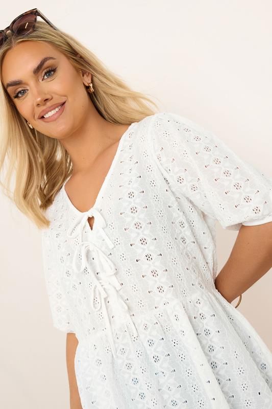 YOURS Curve White Broderie Anglaise Bow Tie Front Peplum Top