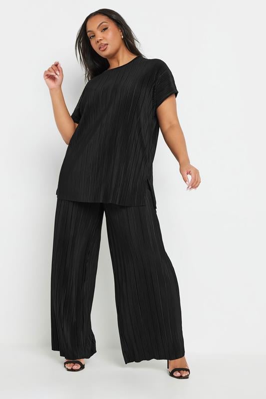 YOURS Curve Black Plisse Wide Leg Trousers