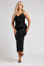 YOURS LONDON Curve Black Velour Floral Midaxi Slip Dress
