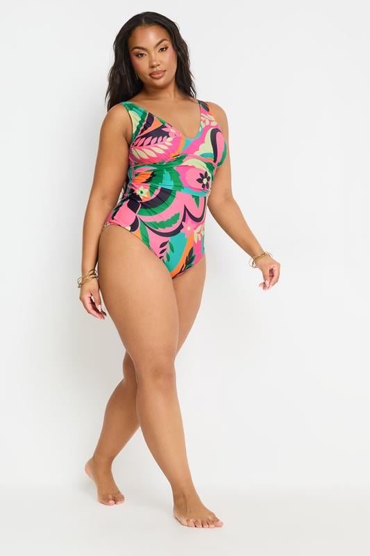 YOURS Curve Floral Abstract Print Plunge Swimsuit