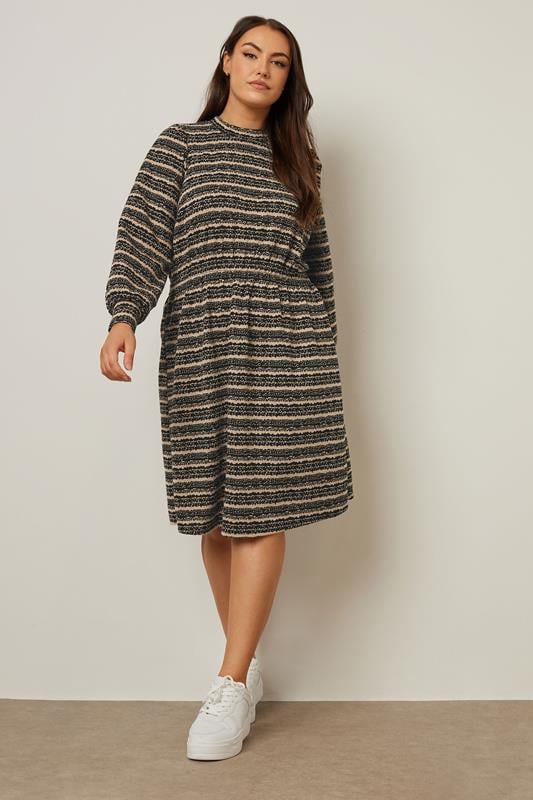 YOURS Curve Black Striped Ribbed High Neck Midi Dress
