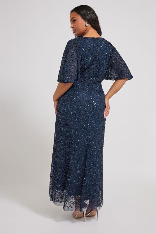 LUXE Curve Navy Blue Hand Embellished V-Neck Maxi Dress