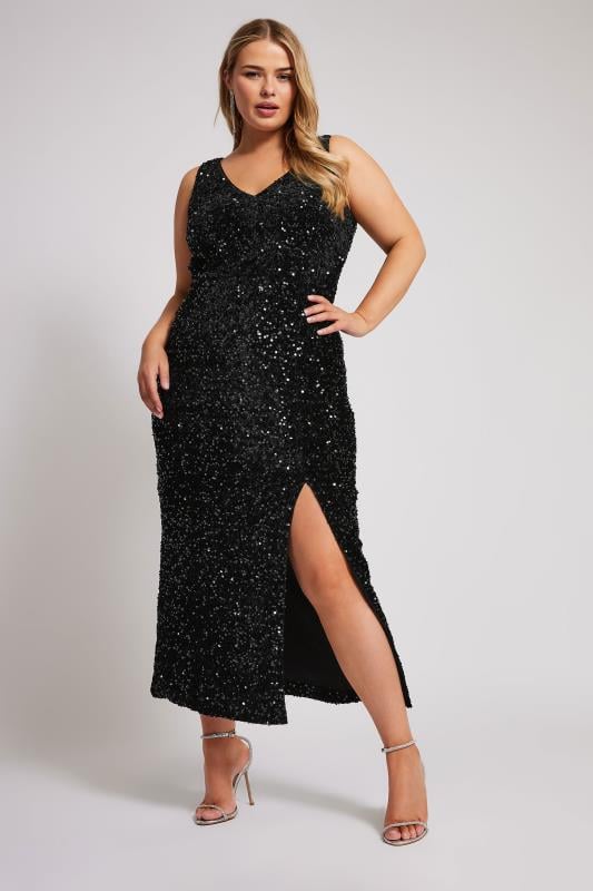 YOURS LONDON Curve Black Sequin Velvet Maxi Slip Dress
