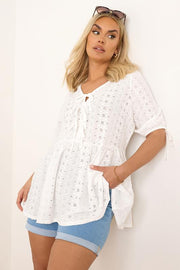 YOURS Curve White Broderie Anglaise Bow Tie Front Peplum Top