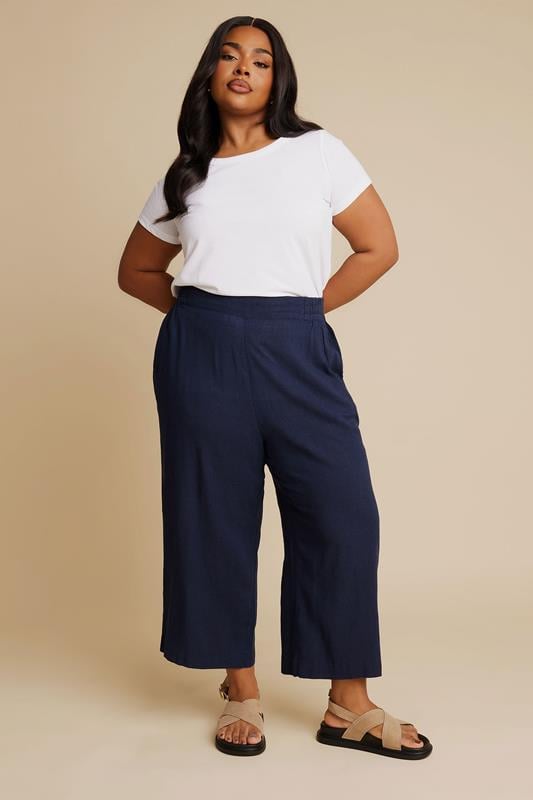 YOURS Curve Navy Blue Linen Cropped Wide Leg Trousers