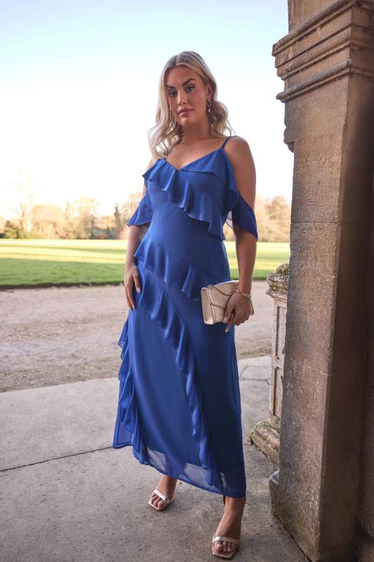 YOURS LONDON Curve Navy Blue Ruffle Cold Shoulder Dress