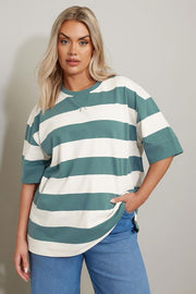 YOURS Curve Teal Blue & White Stripe Short Sleeve Sweatshirt