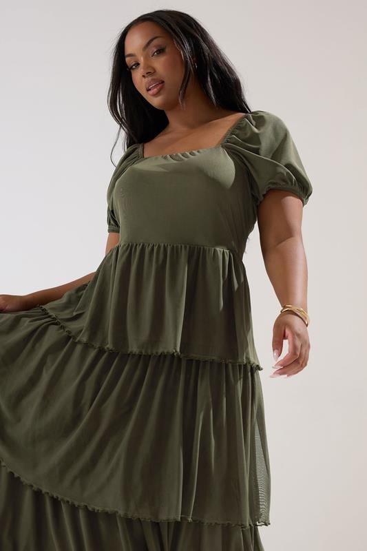 YOURS Curve Khaki Green Tiered Maxi Dress