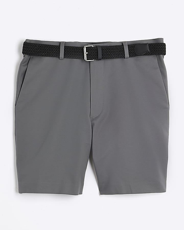 Grey Slim Fit Belted Chino Shorts