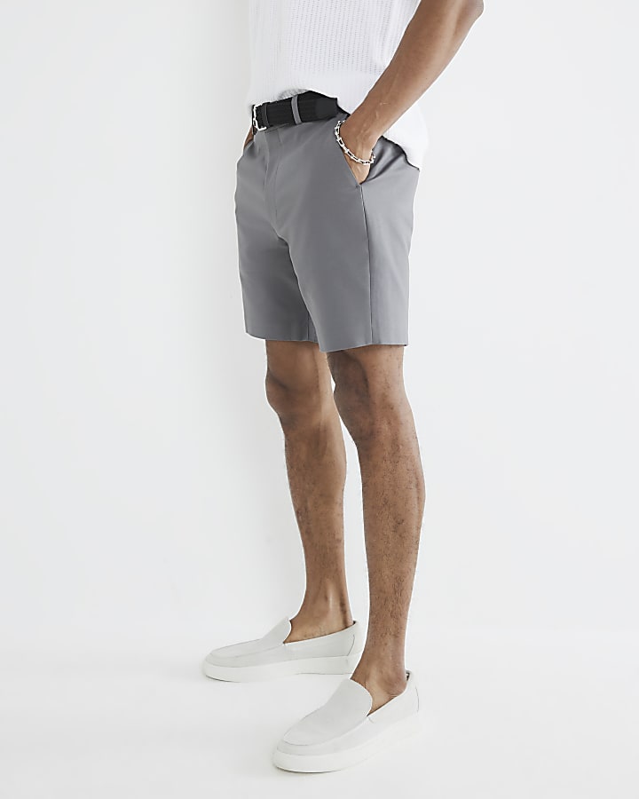 Grey Slim Fit Belted Chino Shorts