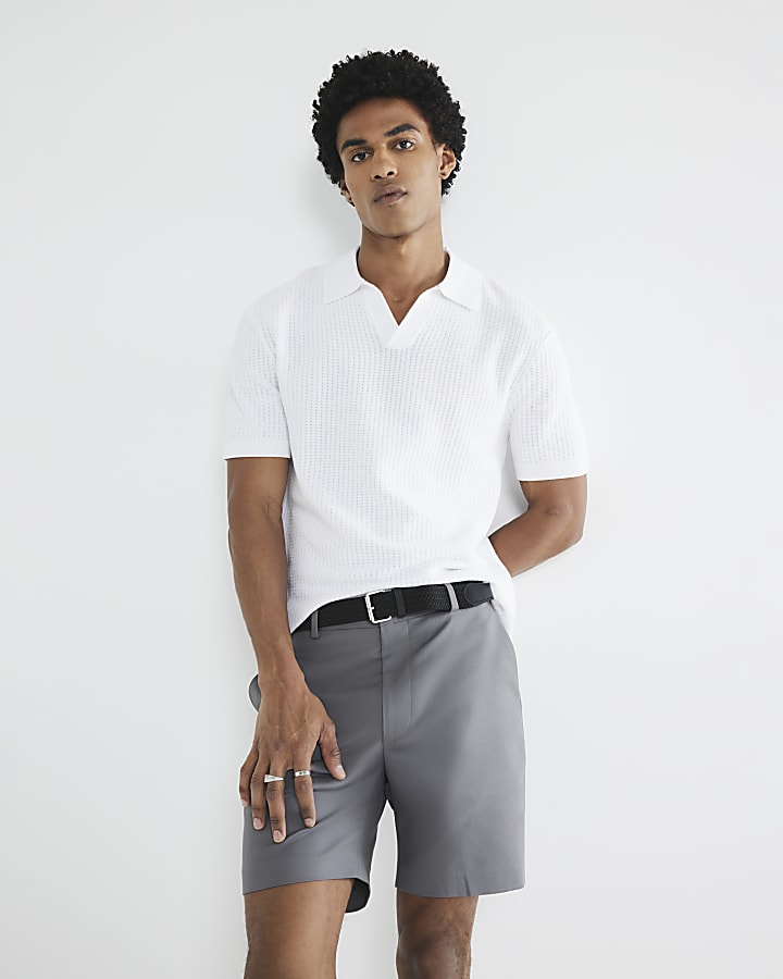 Grey Slim Fit Belted Chino Shorts