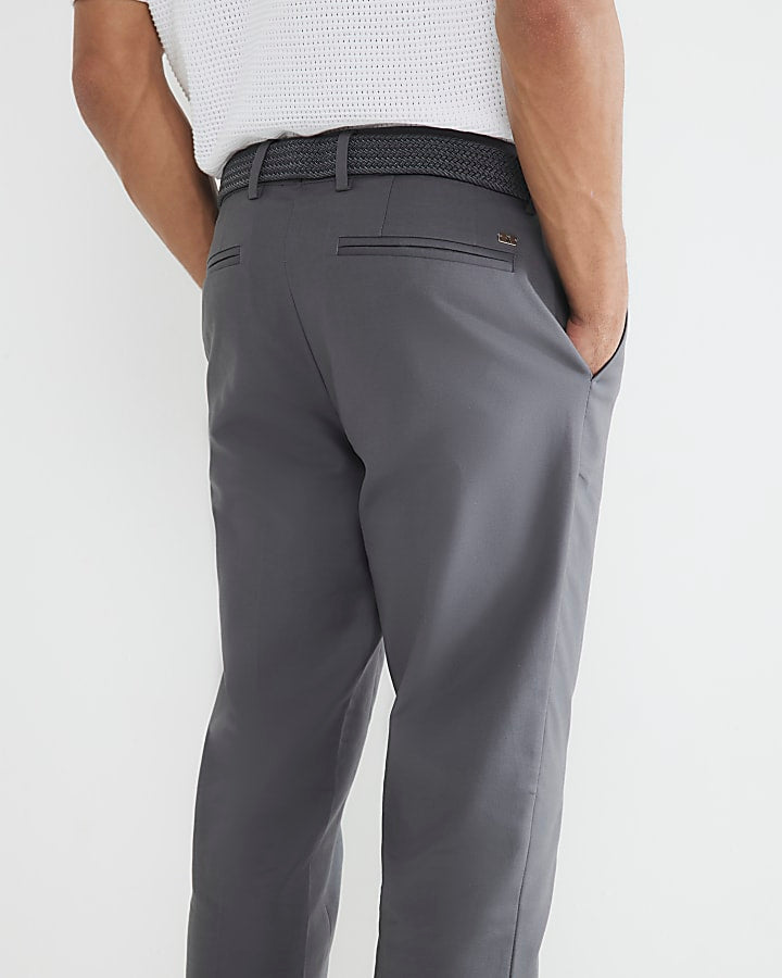 Grey Slim Fit Belted Chino Trousers