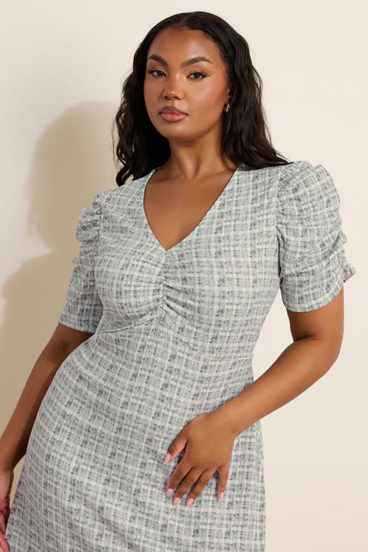 YOURS Curve Grey Check Textured Milkmaid Dress