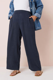 YOURS Curve Navy Blue Linen Wide Leg Trousers