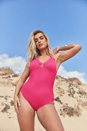 YOURS Curve Pink Buckle Textured Swimsuit