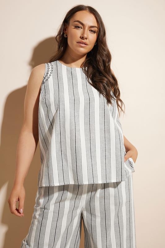 YOURS Curve White Stripe Embroidered Linen Vest Top