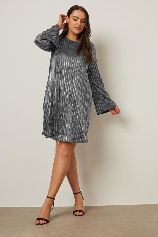 YOURS Curve Silver Metallic Plisse Dress