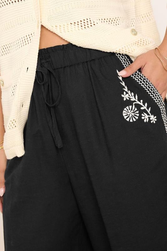 YOURS Curve Black Embroidery Wide Leg Linen Trousers