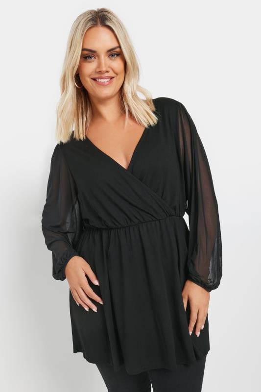YOURS Curve Black Mesh Sleeve Wrap Top
