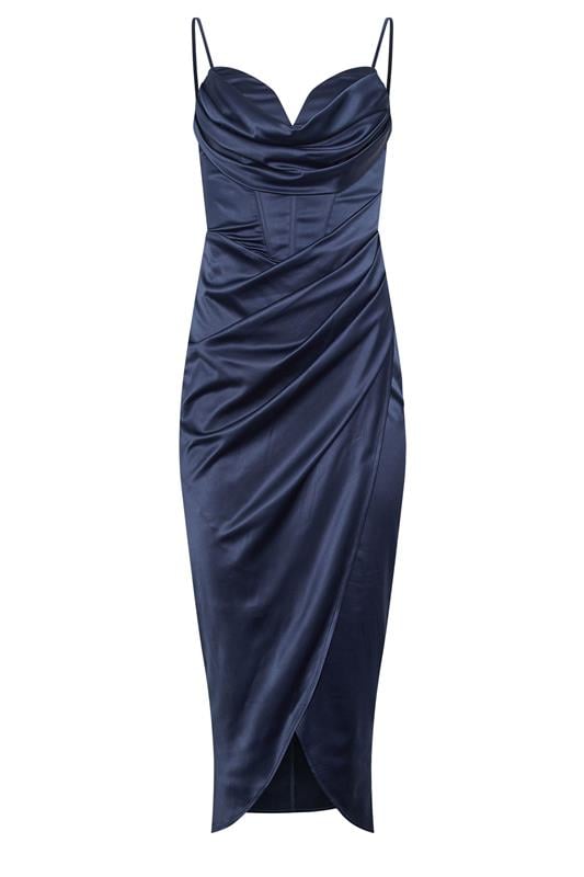 STAR Navy Blue Satin Corset Cowl Wrap Dress