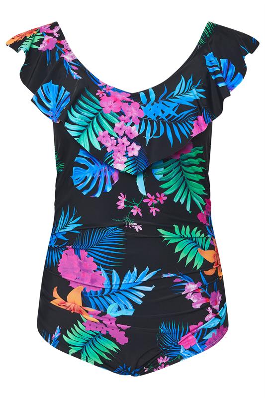 YOURS Curve Black Tropical Palm Print Frilled Premium Swimsuit