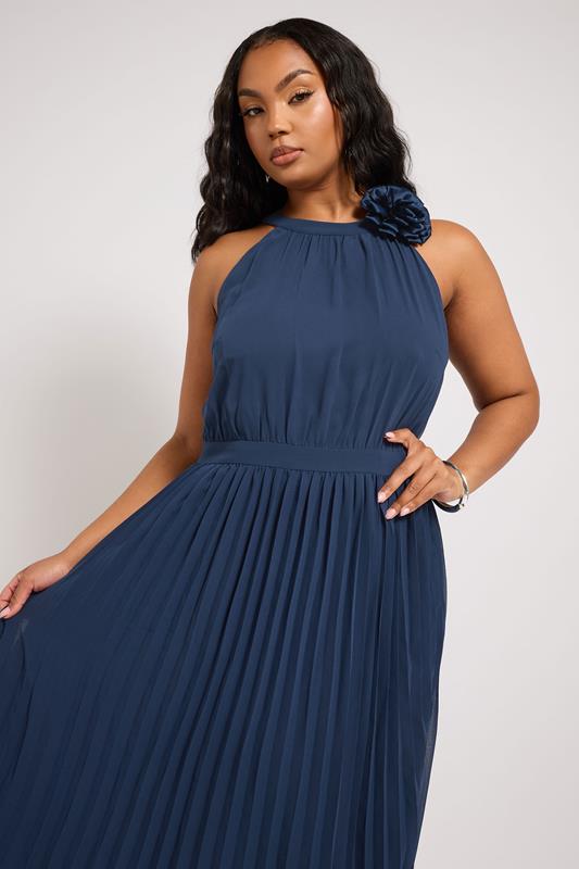 YOURS LONDON Curve Navy Blue Corsage Detail Pleated Maxi Dress