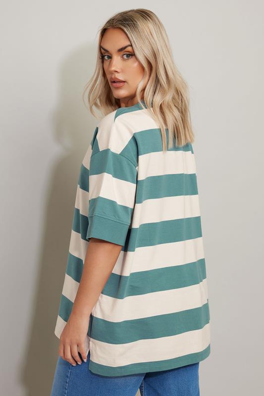 YOURS Curve Teal Blue & White Stripe Short Sleeve Sweatshirt