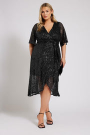 YOURS LONDON Curve Black Sequin Wrap Dress