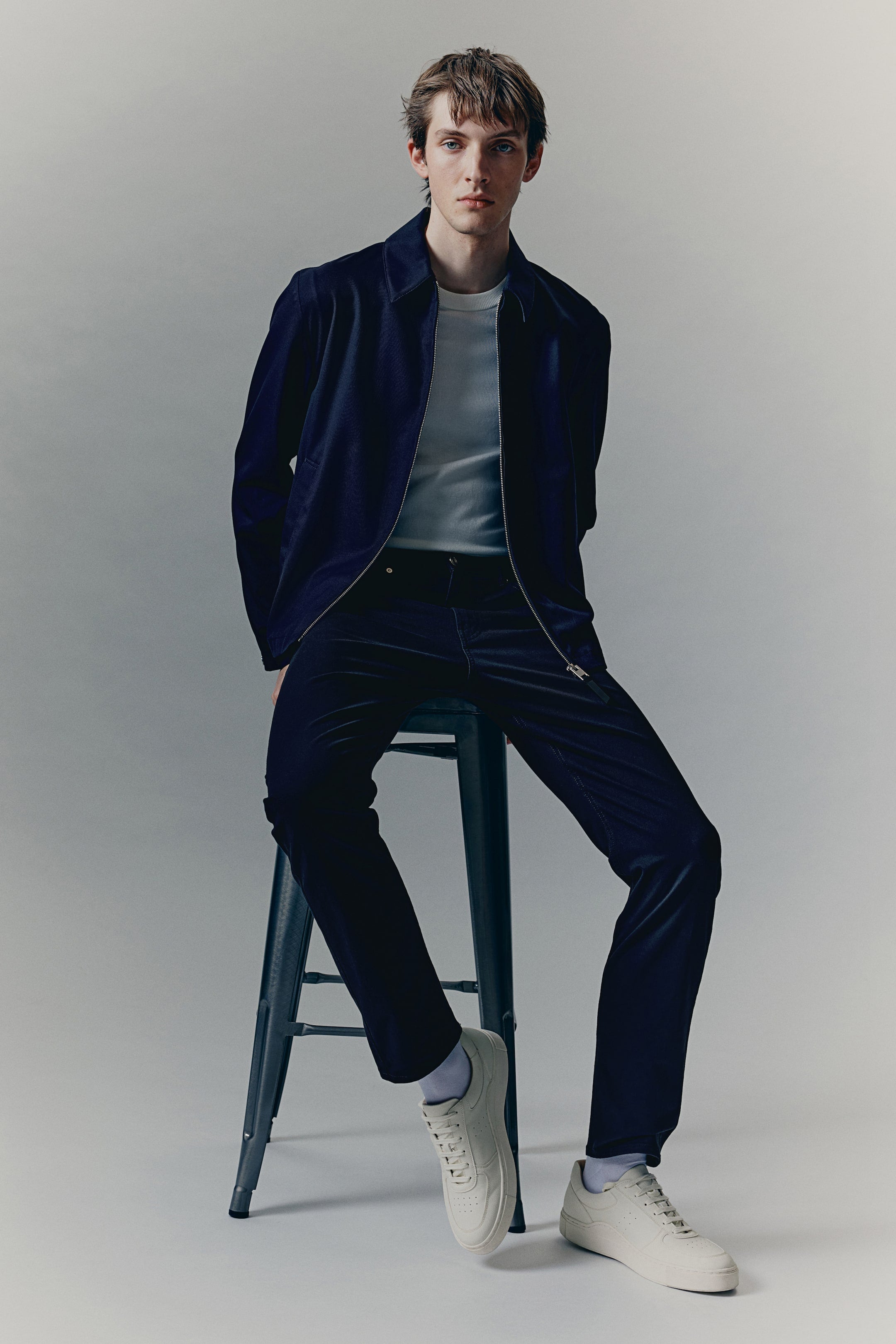 SLIM FIT COTTON TWILL TROUSERS - Navy blue