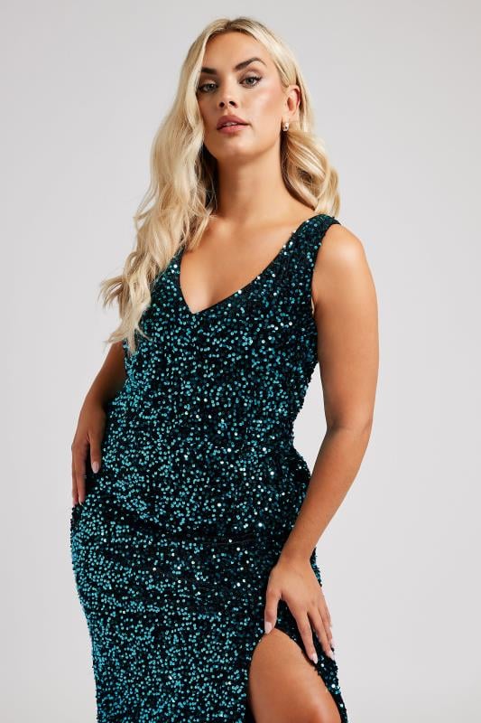 YOURS LONDON Curve Green Sequin Velvet Maxi Slip Dress