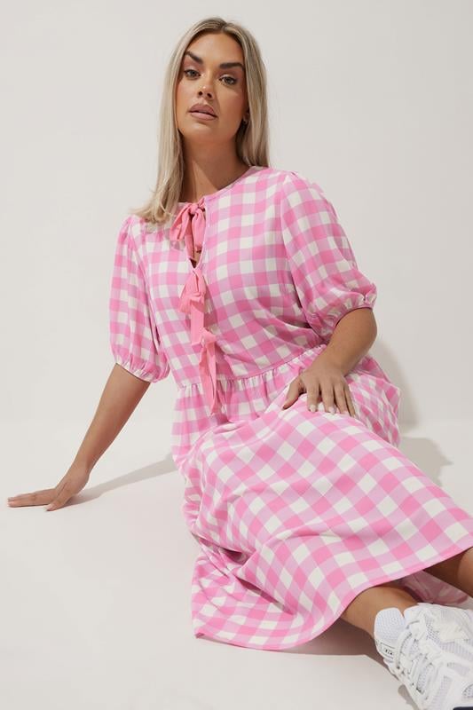 LIMITED COLLECTION Curve Pink Gingham Bow Tie Front Dress