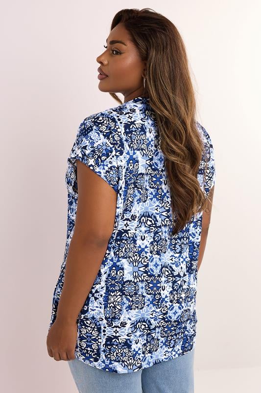 YOURS Curve Blue Tile Print Pleat Front Top