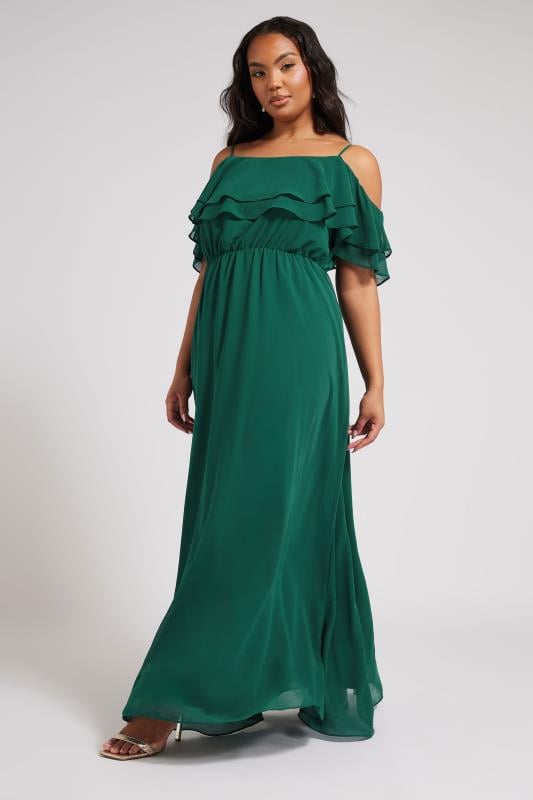 YOURS LONDON Curve Forest Green Frill Cold Shoulder Maxi Dress