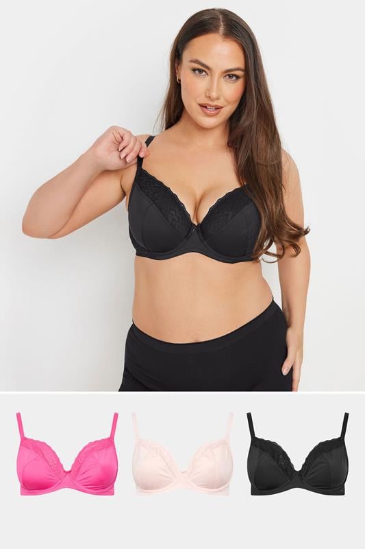 YOURS 3 PACK Curve Black & Pink Animal Mesh Underwired Bras