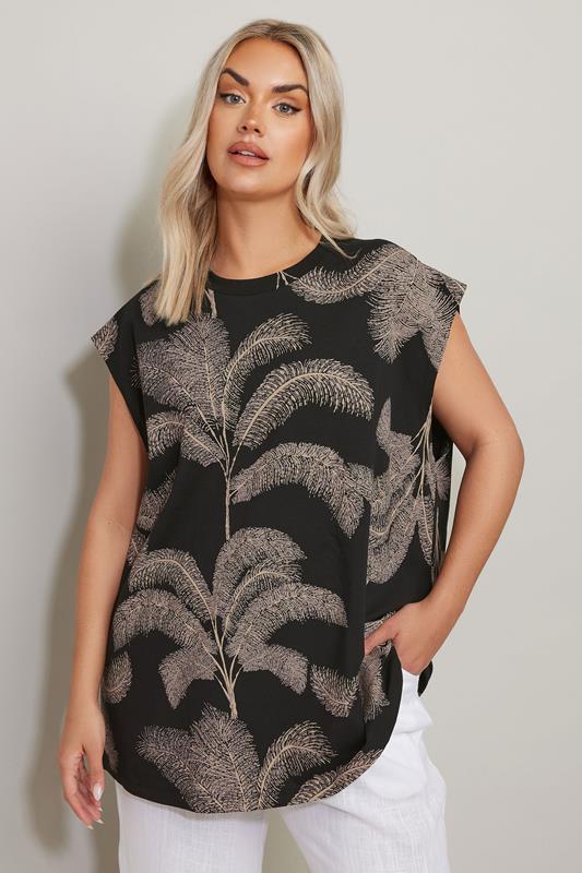 YOURS Curve Black Palm Print Boxy T-Shirt