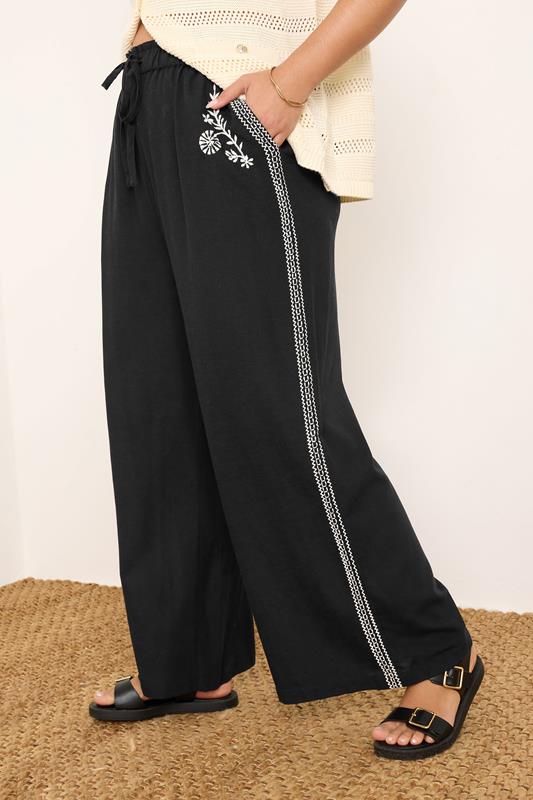 YOURS Curve Black Embroidery Wide Leg Linen Trousers