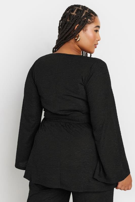YOURS Curve Black Textured Flare Sleeve Wrap Top