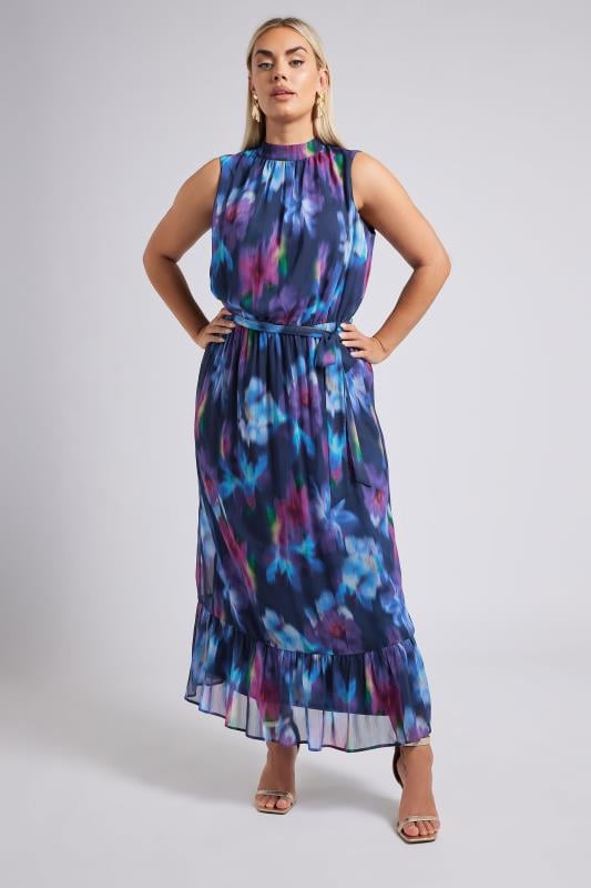 YOURS LONDON Curve Navy Blue Blurred Floral Print Maxi Dress