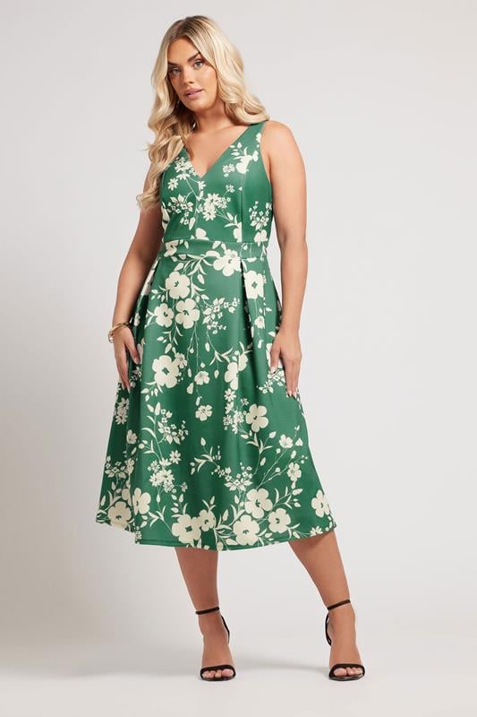YOURS LONDON Curve Green Floral Print Pleated Midi Dress