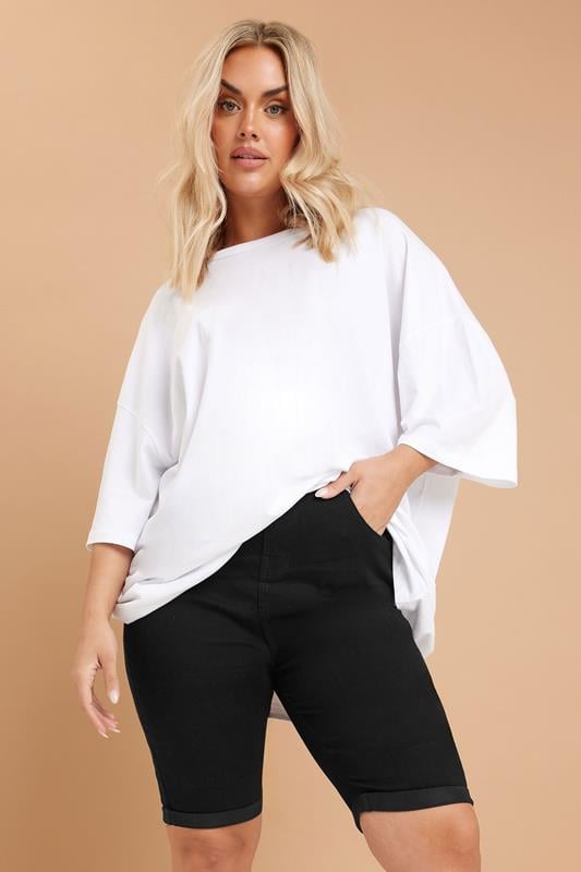 YOURS Curve Black Turn Up Denim Shorts