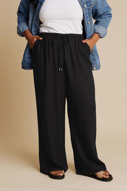 YOURS Curve Black Linen Tie Front Trousers