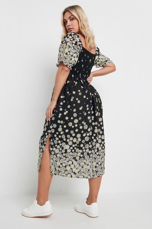 YOURS Curve Black Daisy Print Shirred Midi Dress