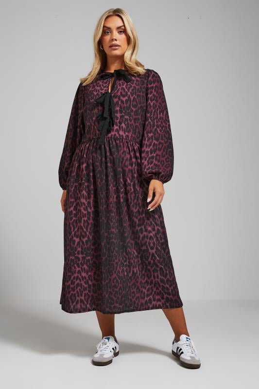 LIMITED COLLECTION Curve Burgundy Red Leopard Print Bow Dress