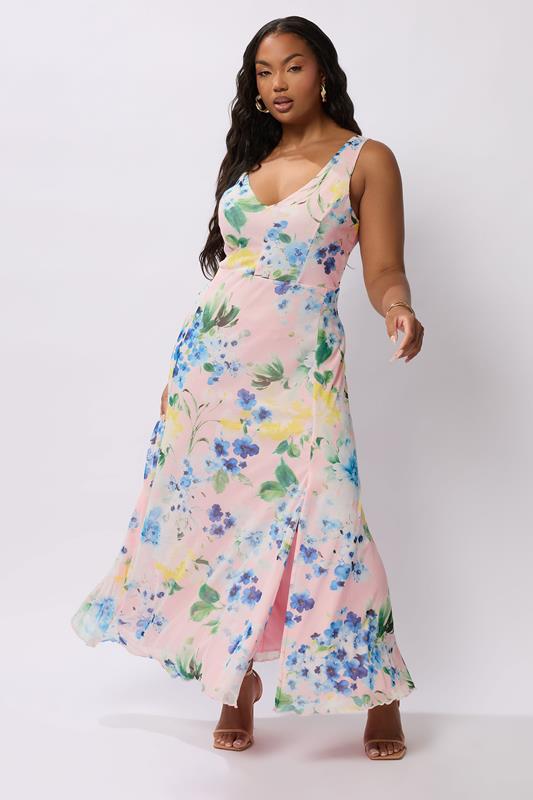 YOURS LONDON Curve Pink Mesh Floral Print Sleeveless Maxi Dress