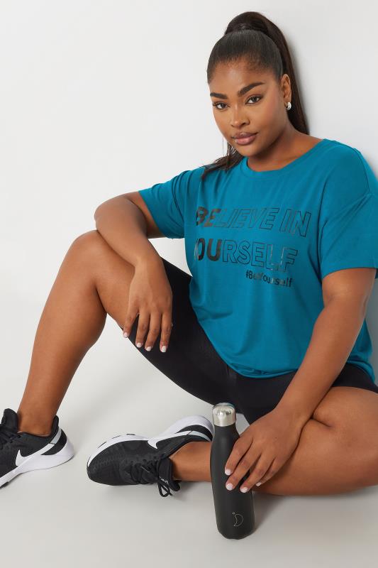 YOURS ACTIVE Curve Blue 'Believe In Yourself' Slogan Print Top
