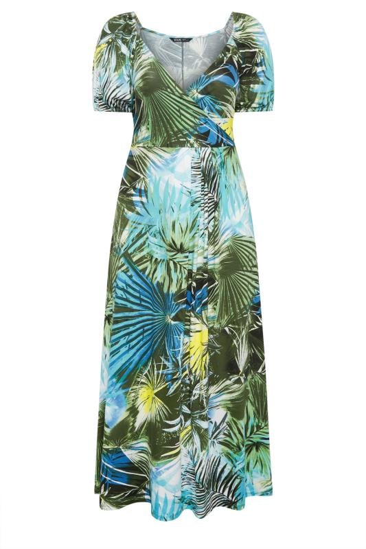 YOURS Curve Blue & Green Tropical Leaf Print Maxi Dress
