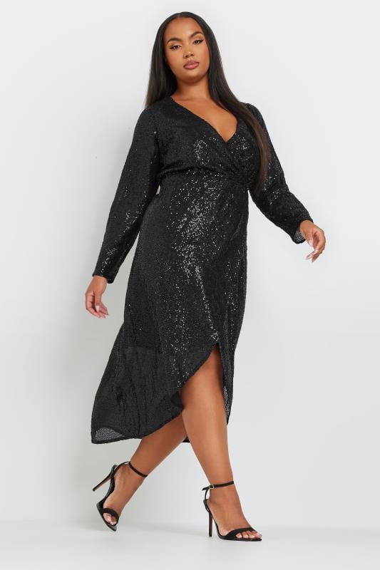 YOURS Curve Black Sequin Embellished Wrap Dress