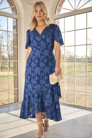 YOURS LONDON Curve Navy Blue Jacquard Floral Wrap Ruffle Dress